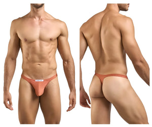 A sleek peach-colored ochre thong from JUSTIN+SIMON XSJ03 made of smooth fabric with a minimalist design and white label