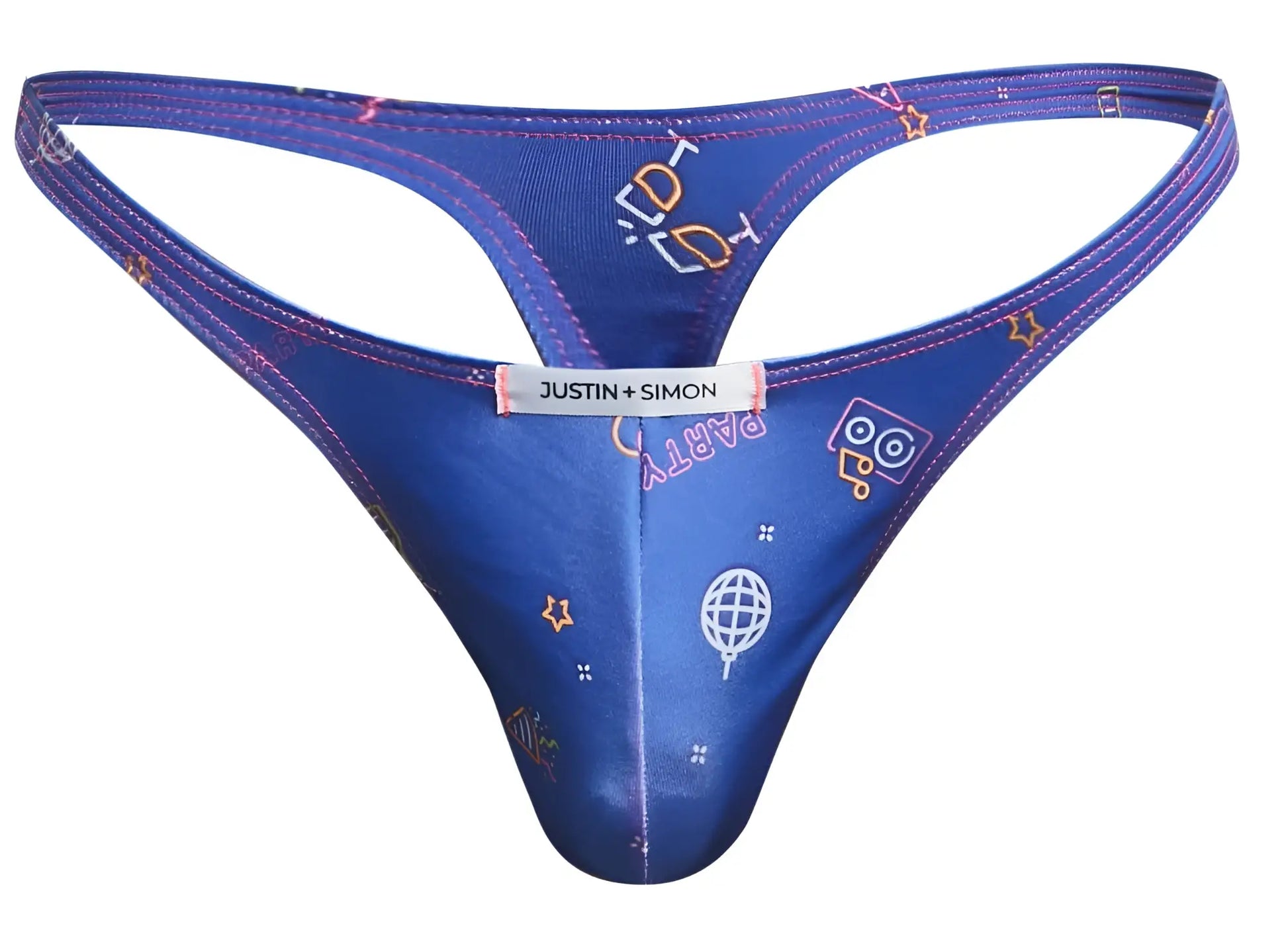 Blue justin simon classic thong with playful pink yellow and white party-themed pattern for festive wear