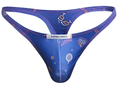 Blue justin simon classic thong with playful pink yellow and white party-themed pattern for festive wear