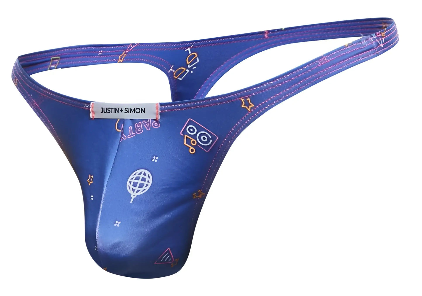 Blue justin simon thong with shiny satin finish and playful white yellow pink party-themed graphics in classic style