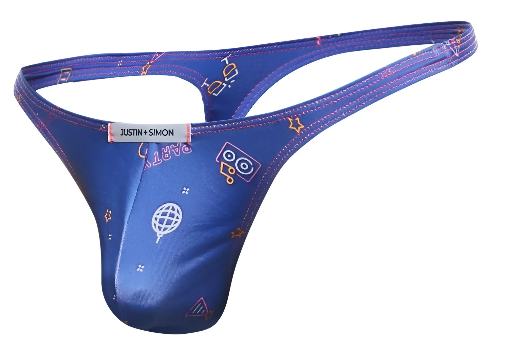 Blue justin simon thong with shiny satin finish and playful white yellow pink party-themed graphics in classic style