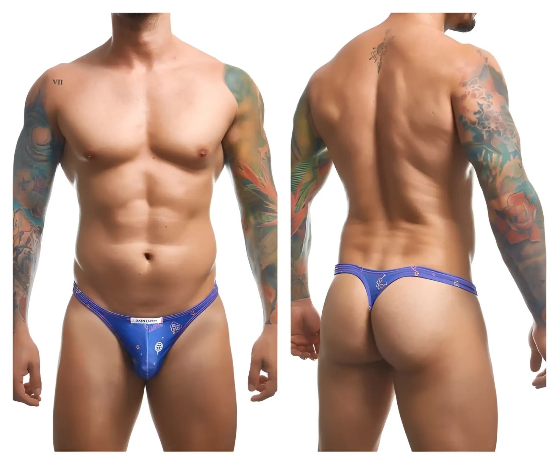 Blue patterned men’s thong with a small white logo on the front from justin+simon xsj03 classic thongs color party collection