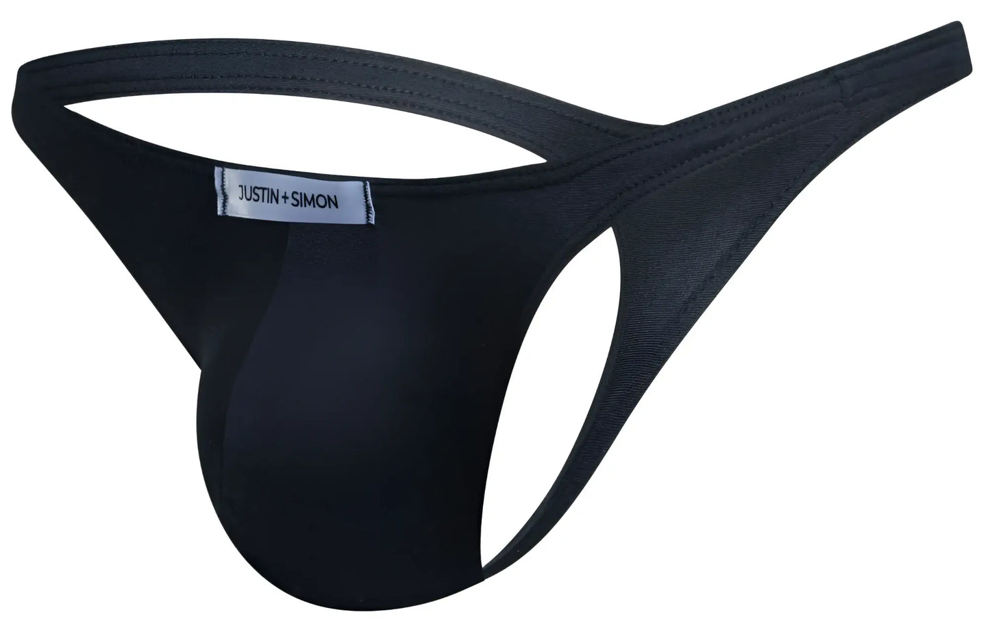 Black justin simon thong with smooth form fitting design and reinforced stitching from the justin simon xsj03 classic thongs line