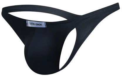 Black justin simon thong with smooth form fitting design and reinforced stitching from the justin simon xsj03 classic thongs line