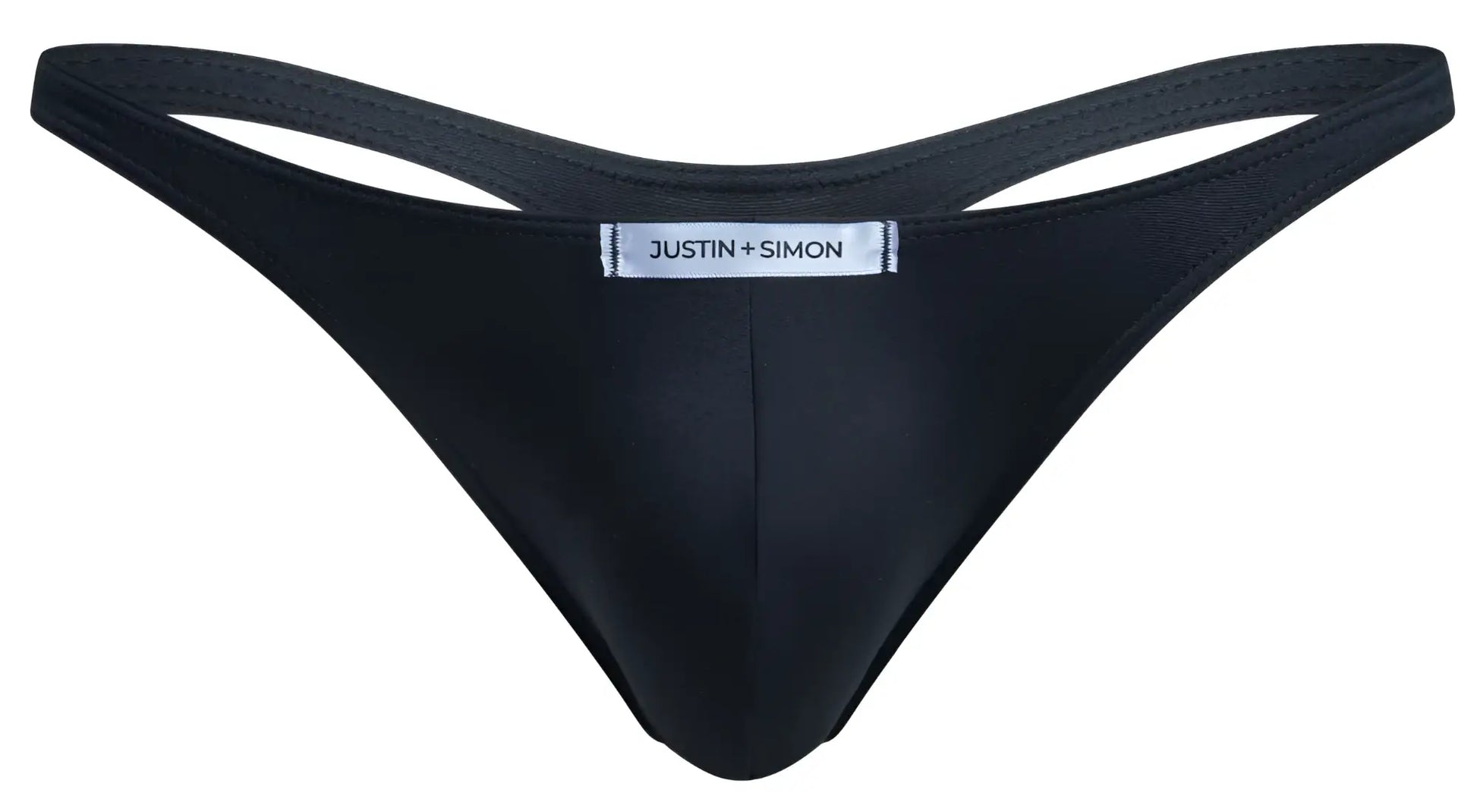 Black justin simon thong with sleek smooth fabric and minimalist design shown from back in classic xsj03 style