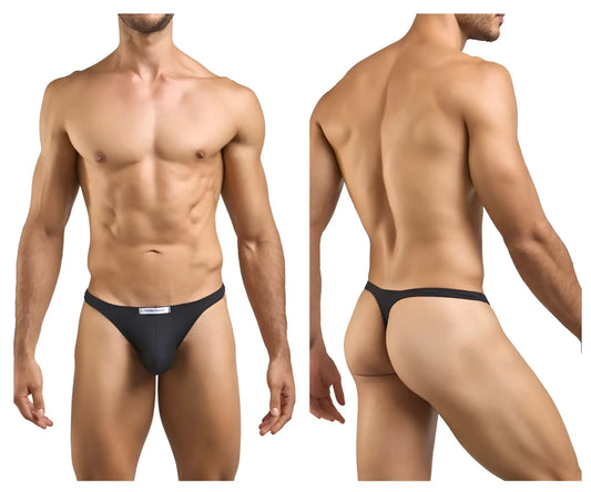 Black thong briefs with white label at front from justin simon xsj03 classic thongs in peach black color