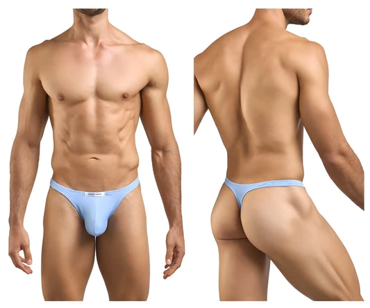 Light blue form-fitting thong underwear with subtle brand tag at the front from Justin Simon XSJ03 classic thongs collection