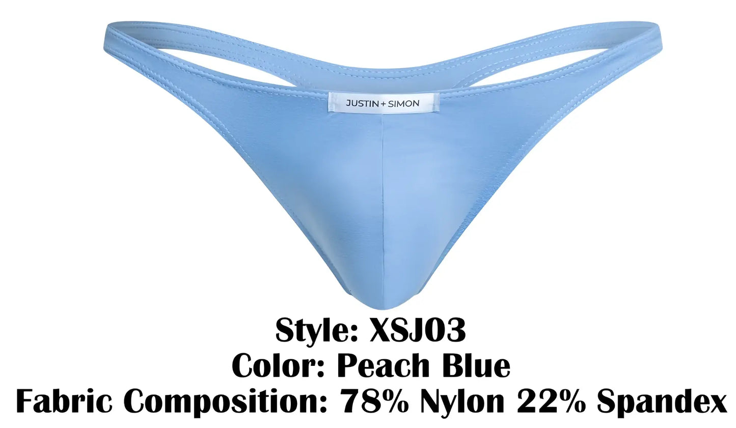 Peach blue thong by justin + simon made of 78 nylon 22 spandex in classic style for comfortable everyday wear