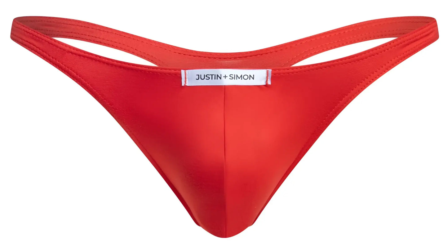 Bright red satin-like fabric thong with justin plus simon label in classic xsj03 style