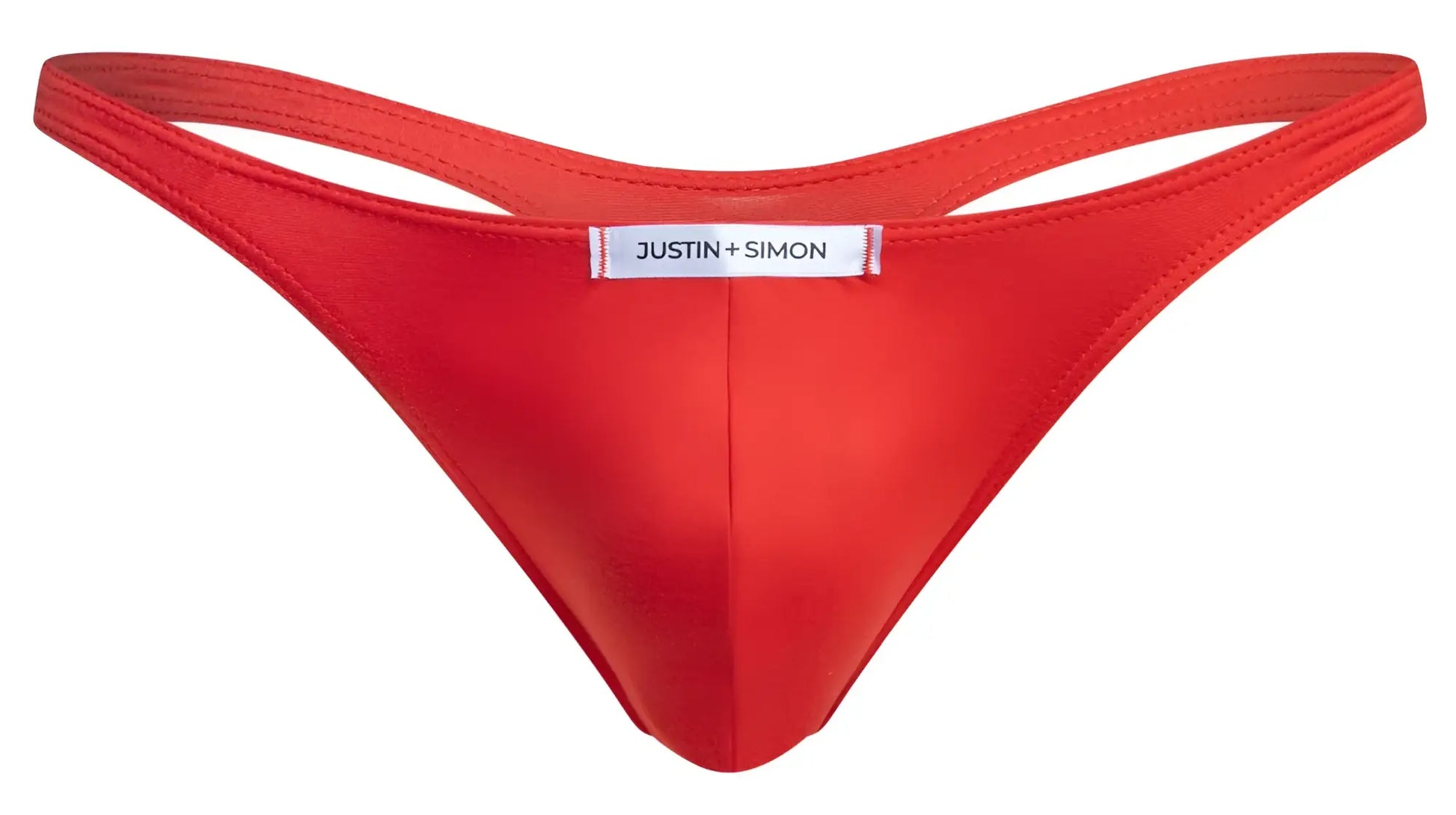 Bright red satin-like fabric thong with justin plus simon label in classic xsj03 style
