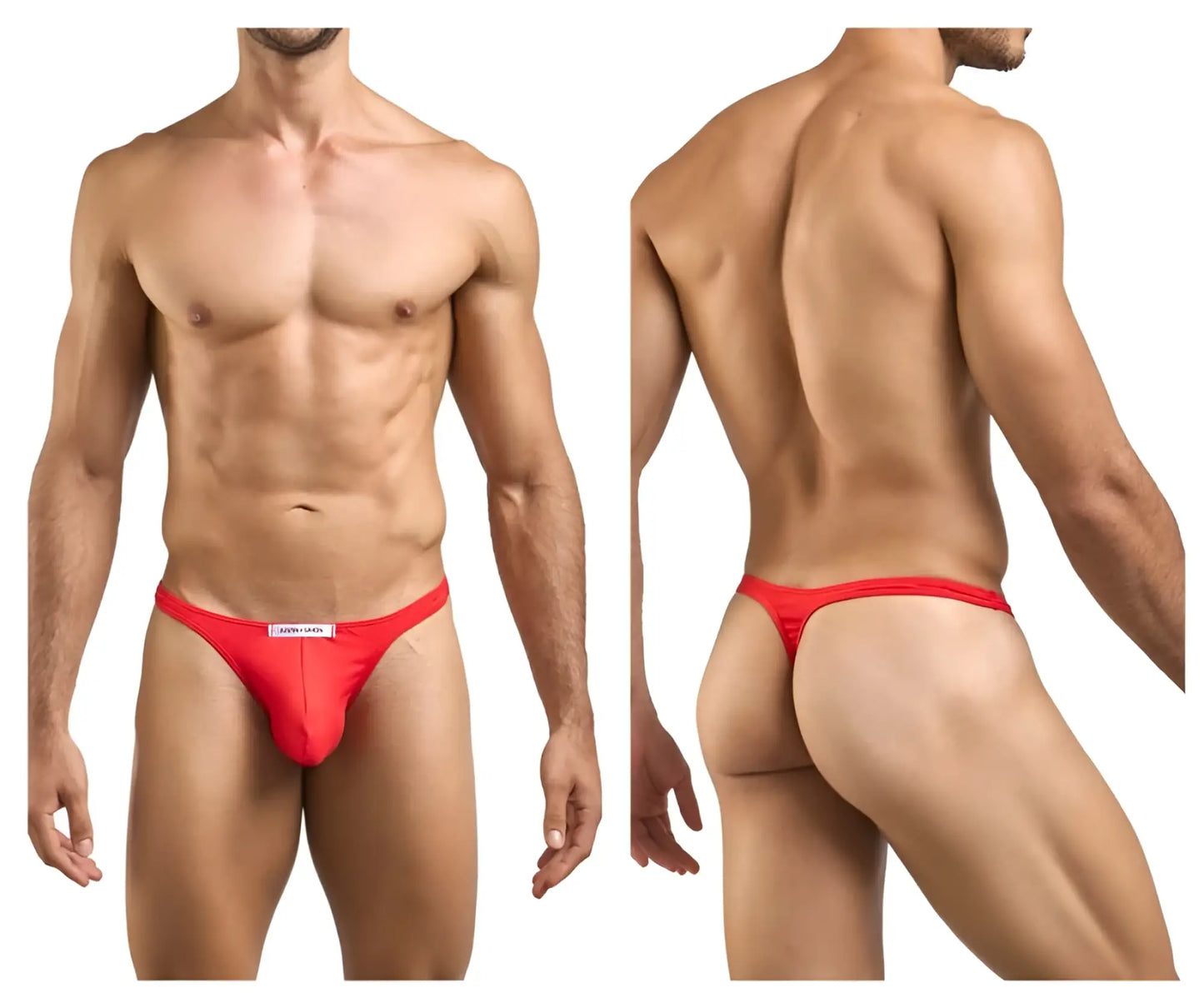 Justin simon classic red thong with a white label at the front made from soft peach fabric for comfortable wear