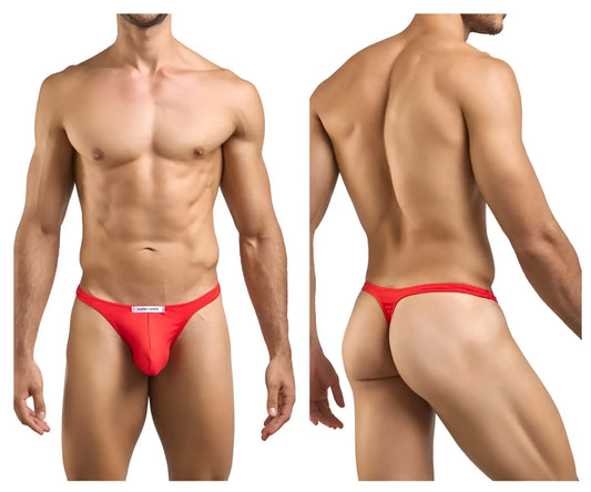 Justin simon classic red thong with a white label at the front made from soft peach fabric for comfortable wear