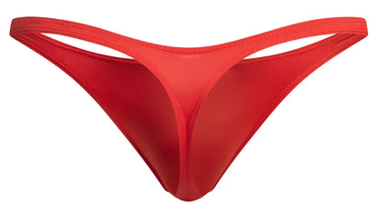 A vibrant red justin simon xsj03 classic thong made of smooth stretchy fabric with a sleek minimalist design back side view