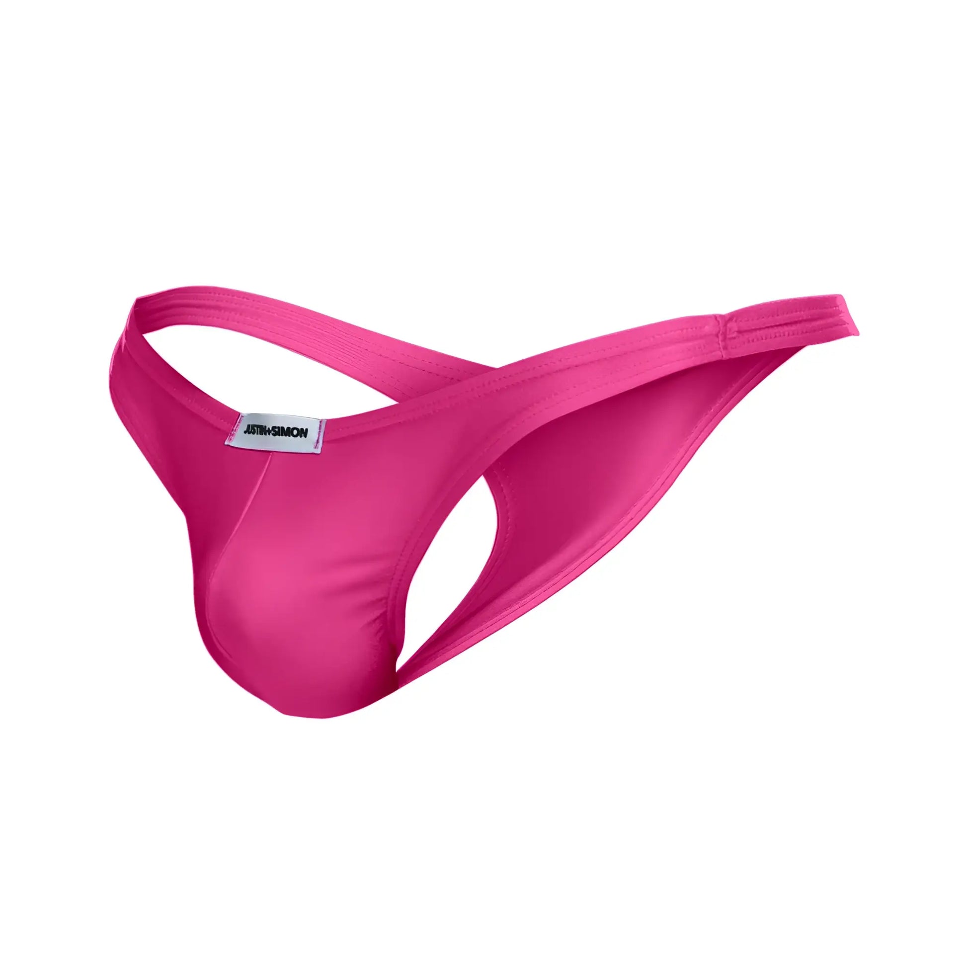 Bright pink seamless fabric thong with branded label from justin plus simon xsj03 classic thongs collection