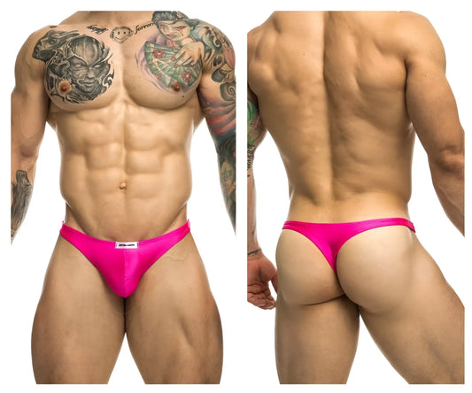 Justin plus Simon classic thongs in vibrant fuchsia satin with a sleek fit and white brand tag at the waistband