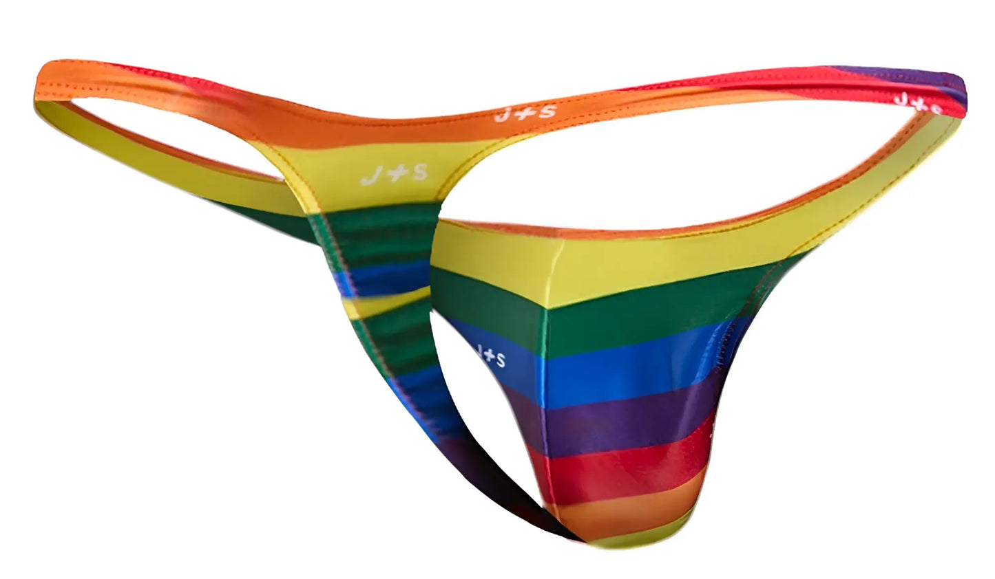 Justin plus simon rainbow-striped latex thong with j plus s branding in pride flag colors shown from the back side