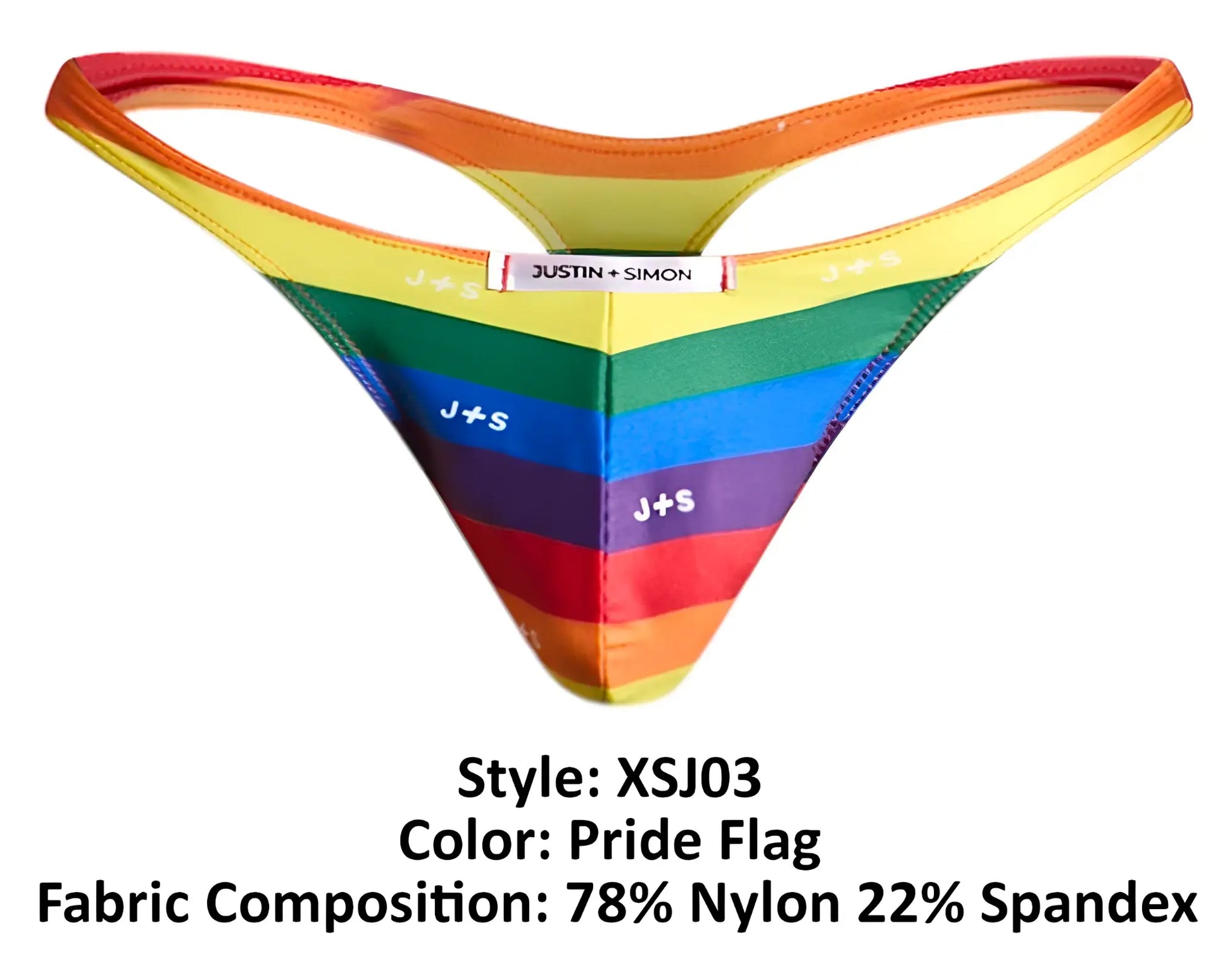Justin+Simon xsj03 classic thong in pride flag colors made of 78 nylon 22 spandex with j+s branding on front