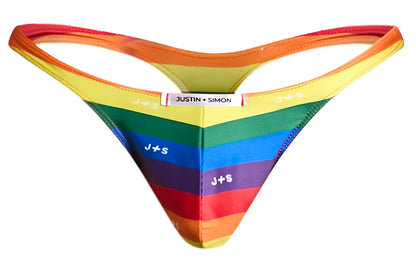 Rainbow-striped thong by justin plus simon with vibrant horizontal bands in red orange yellow green blue and purple