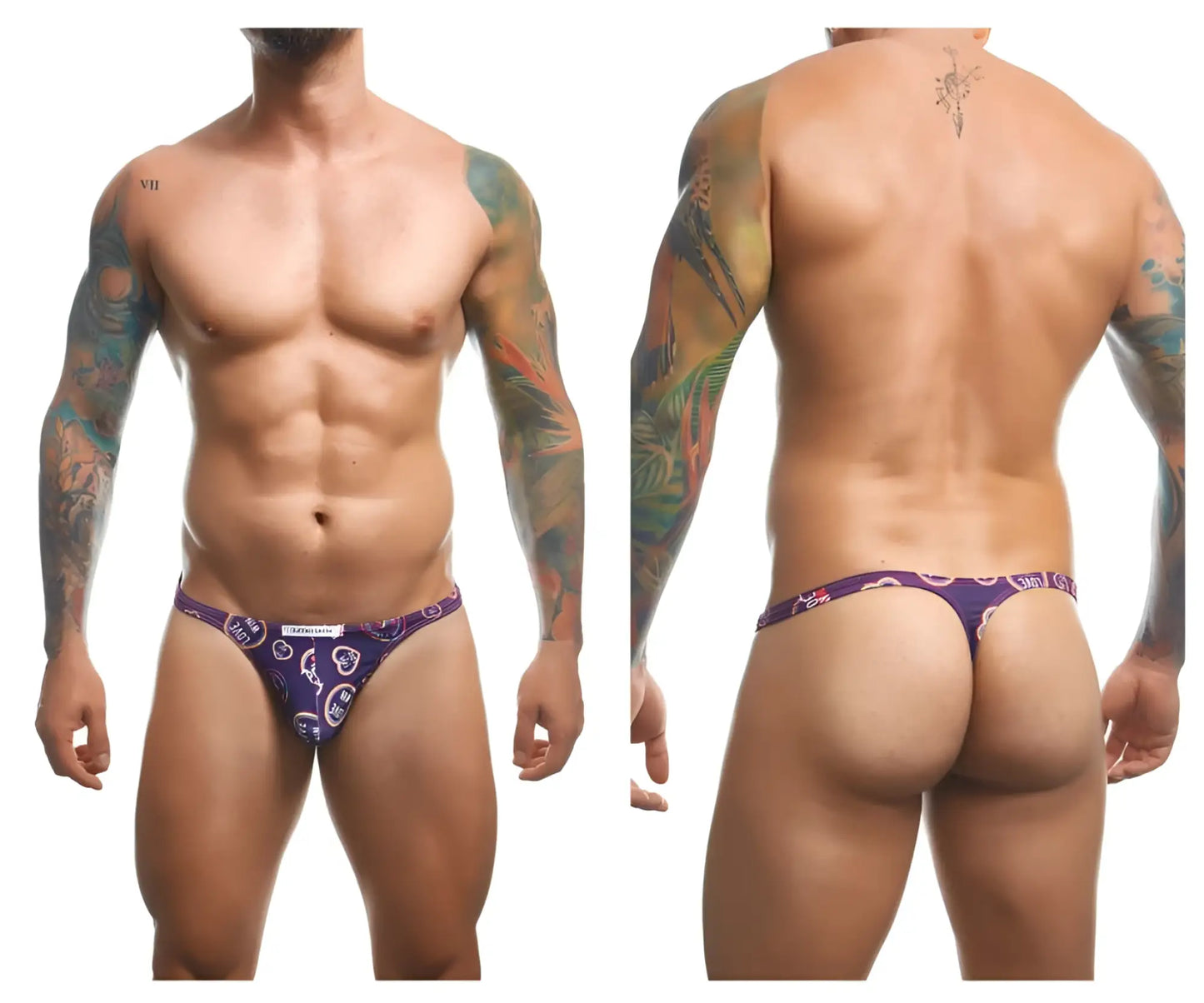 Classic purple patterned thong with white logo and design from justin simon xsj03 color pride collection