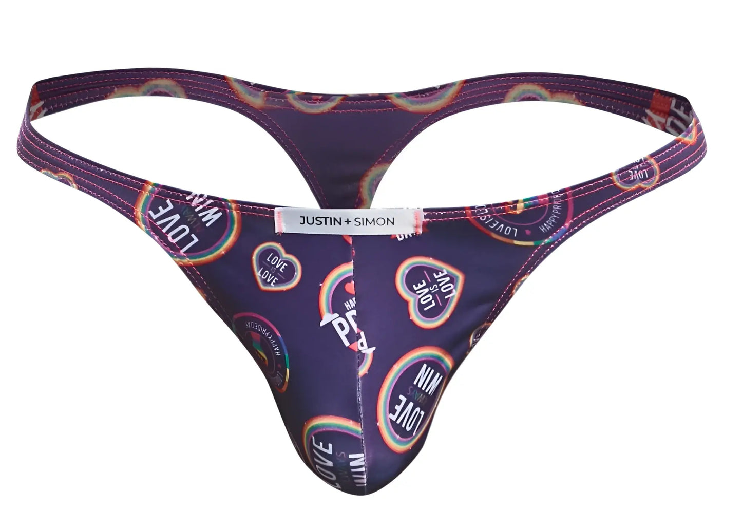 Purple justin simon classic thong with rainbow love heart designs and white brand tag in color pride collection