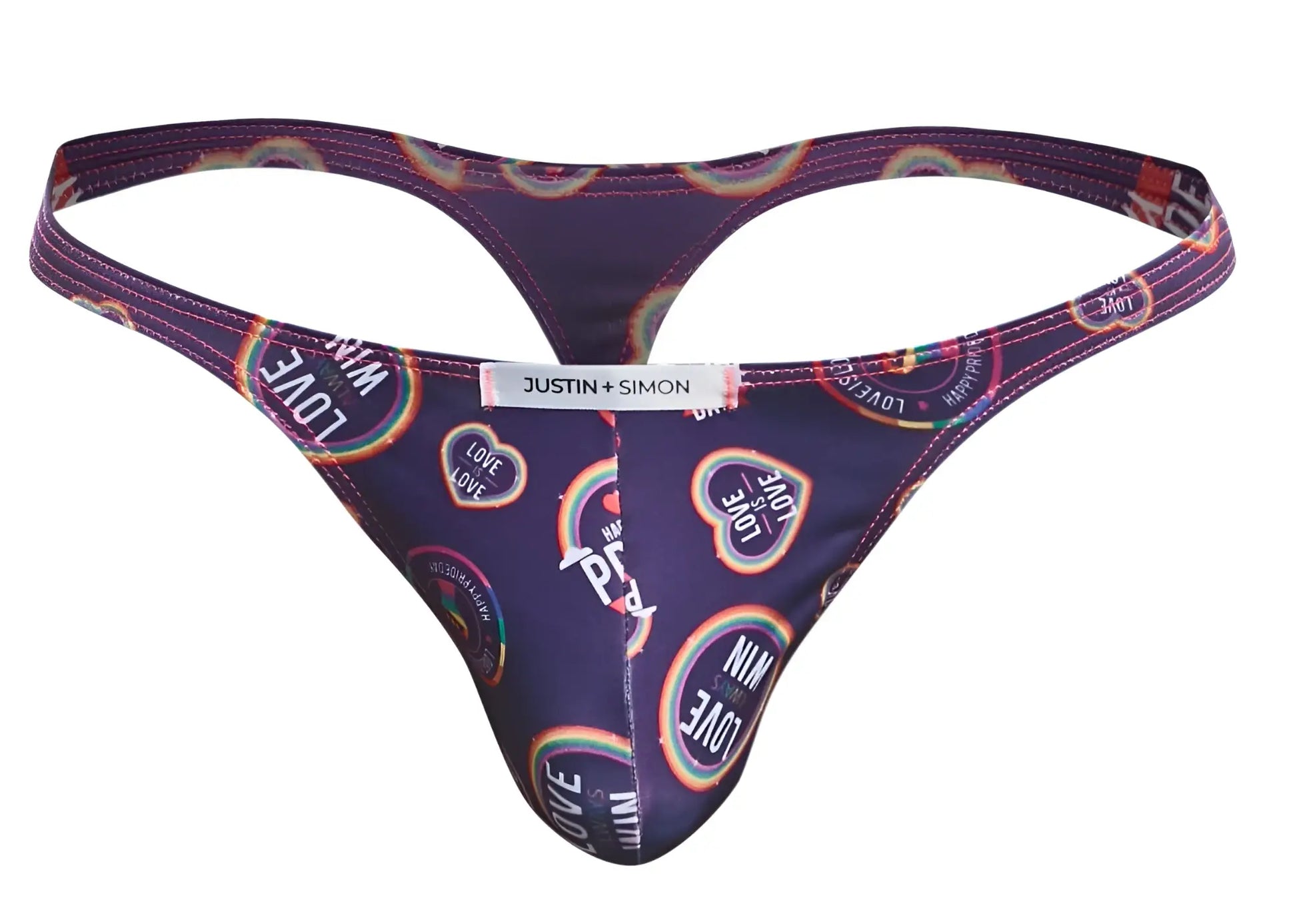 Purple justin simon classic thong with rainbow love heart designs and white brand tag in color pride collection