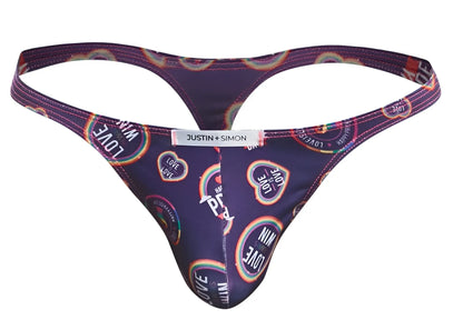 Purple justin simon classic thong with rainbow love heart designs and white brand tag in color pride collection