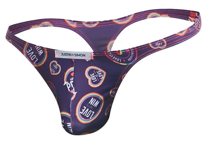 Purple classic thong with rainbow love heart designs and white justin + simon brand tag from color pride collection