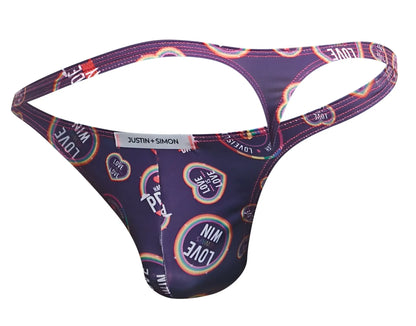 Purple classic thong with vibrant rainbow love pattern and justin + simon label from the color pride collection