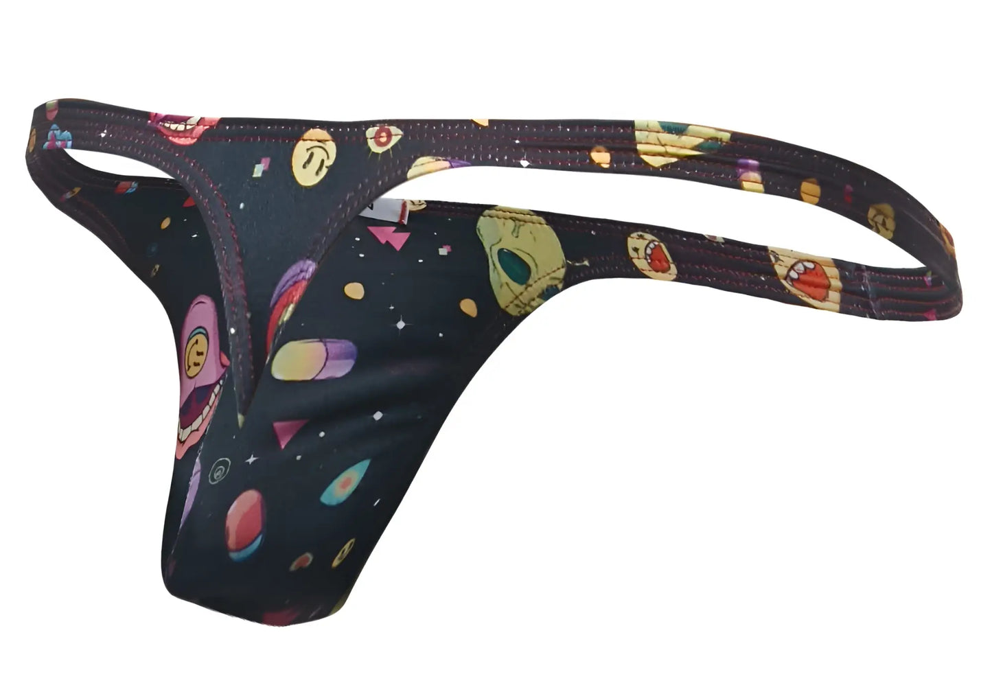 Black thong from justin simon xsj03 classic thongs color psychedelic with cosmic colorful cartoon skulls planets and stars design