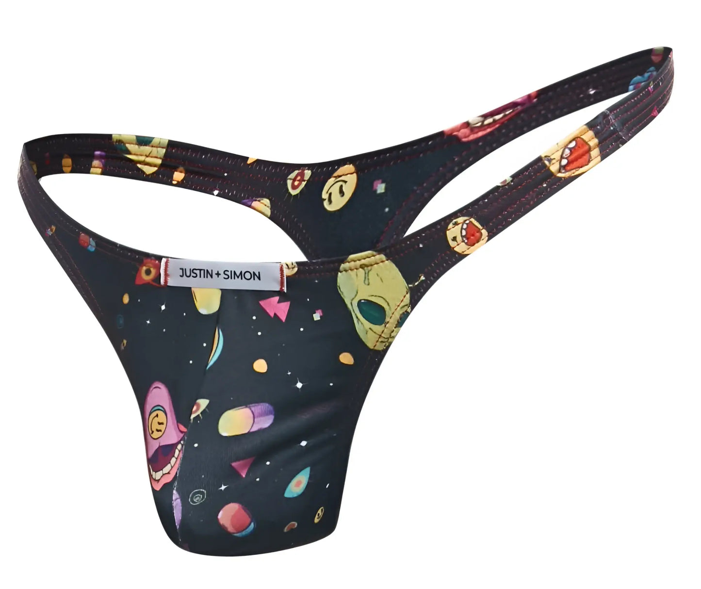 Black justin simon xsj03 classic thong with vibrant space-themed print of cartoon aliens planets and geometric shapes