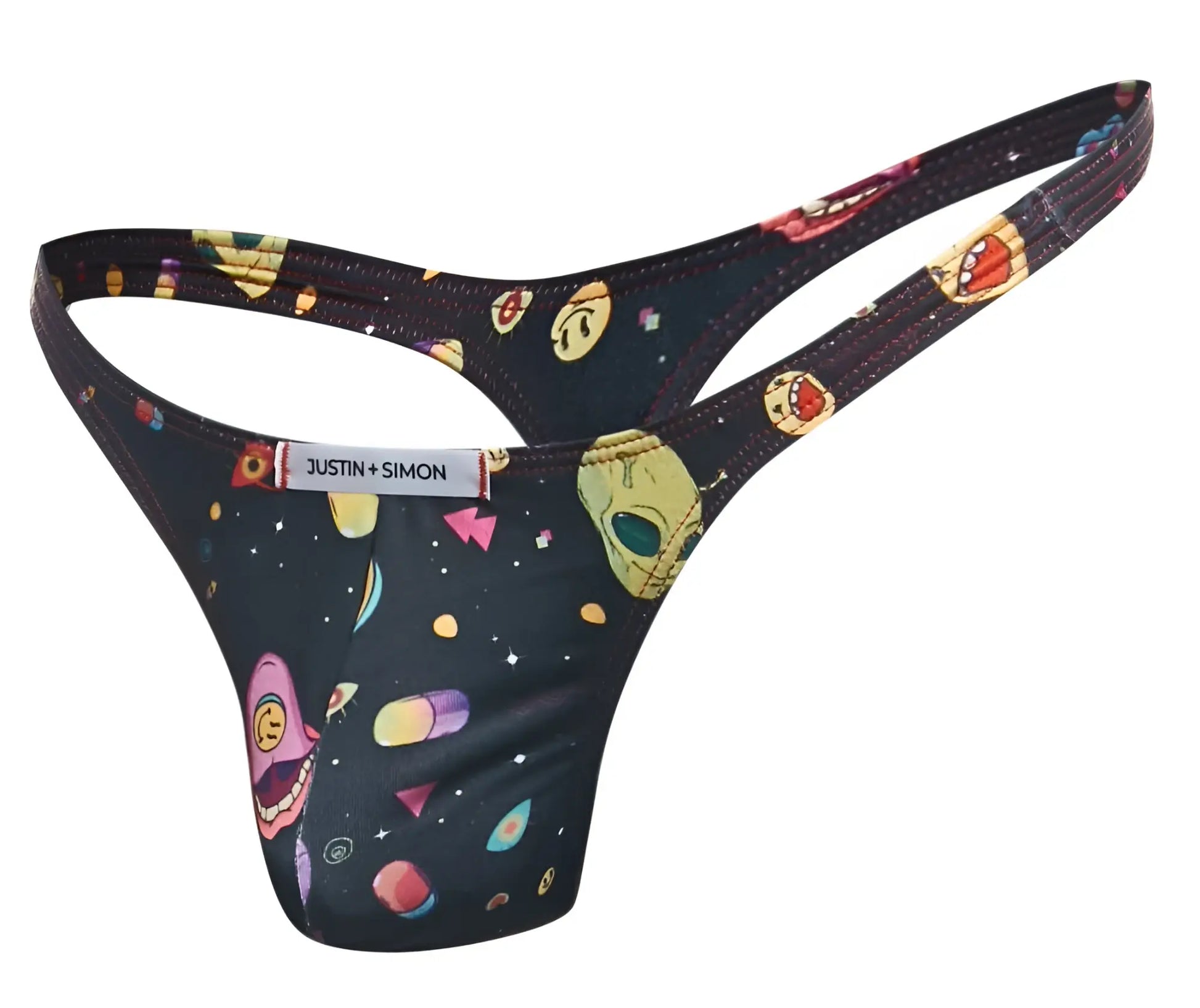 Black justin simon xsj03 classic thong with vibrant space-themed print of cartoon aliens planets and geometric shapes