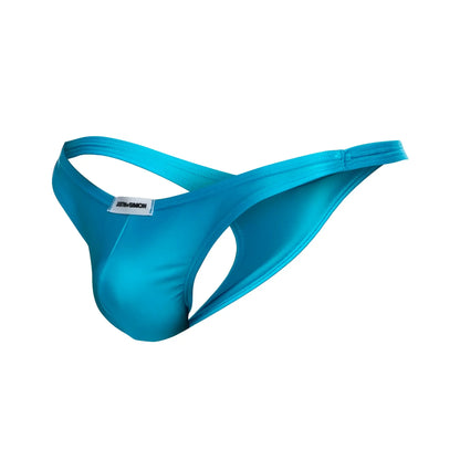 Justin simon xsj03 classic thong in bright turquoise made of smooth stretchy fabric with a sleek design and brand tag