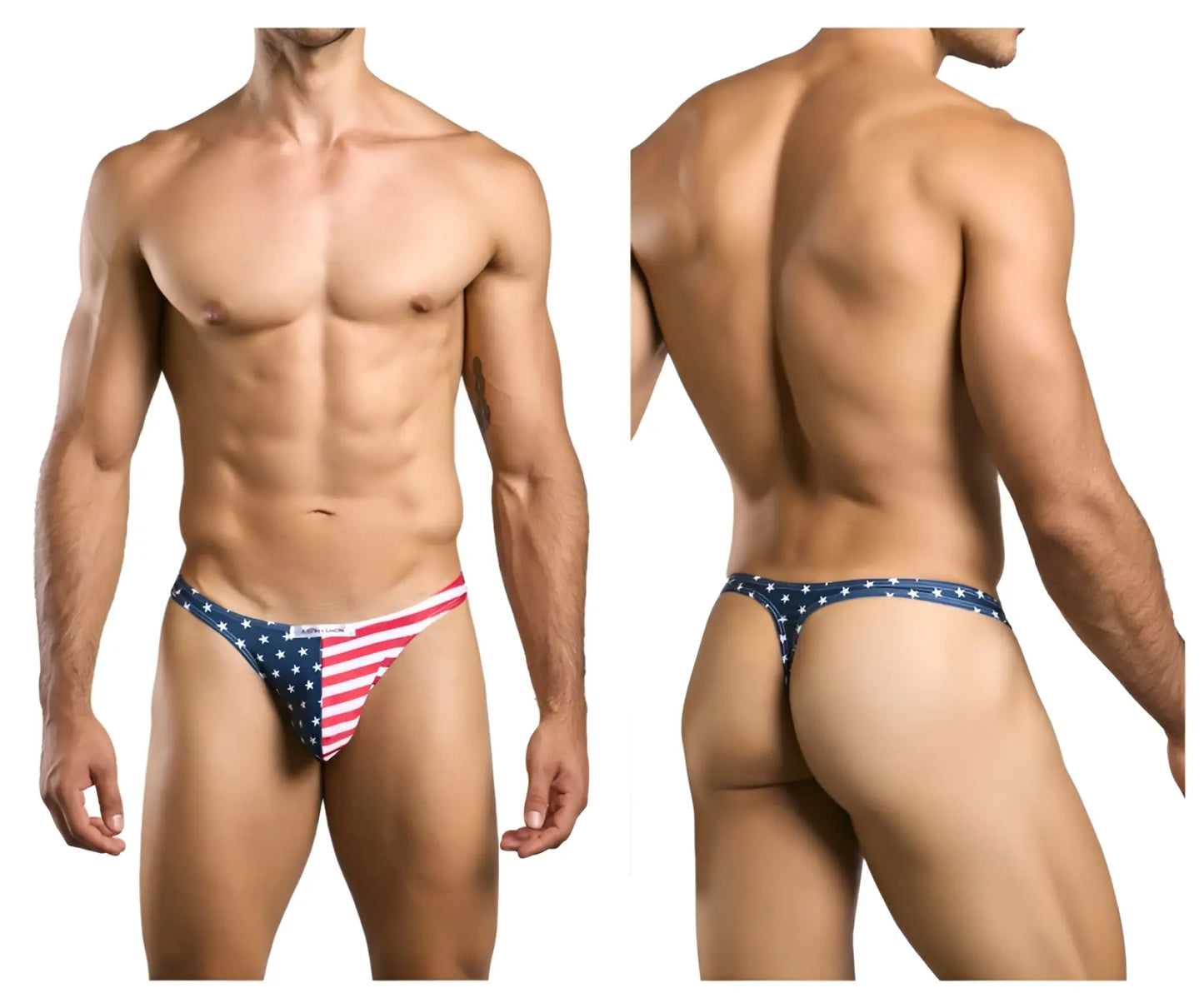 Justin+Simon XSJ03 classic thong with american flag colors red white and blue showing the back side