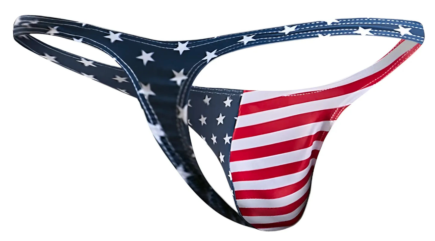 Justin simon xsj03 classic thong in american flag colors red white and blue featuring a back side view
