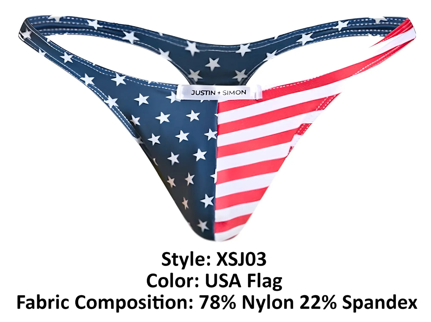 Justin simon XSJ03 classic thong in blue and red USA flag pattern with white stars made of 78 nylon 22 spandex
