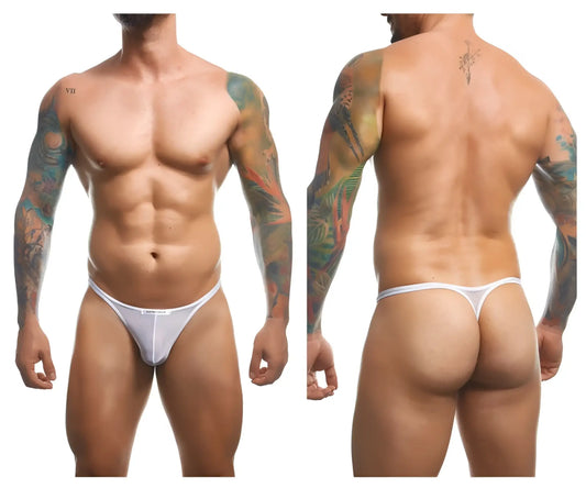 White mesh classic thong with subtle justin simon brand logo at the waistband front view