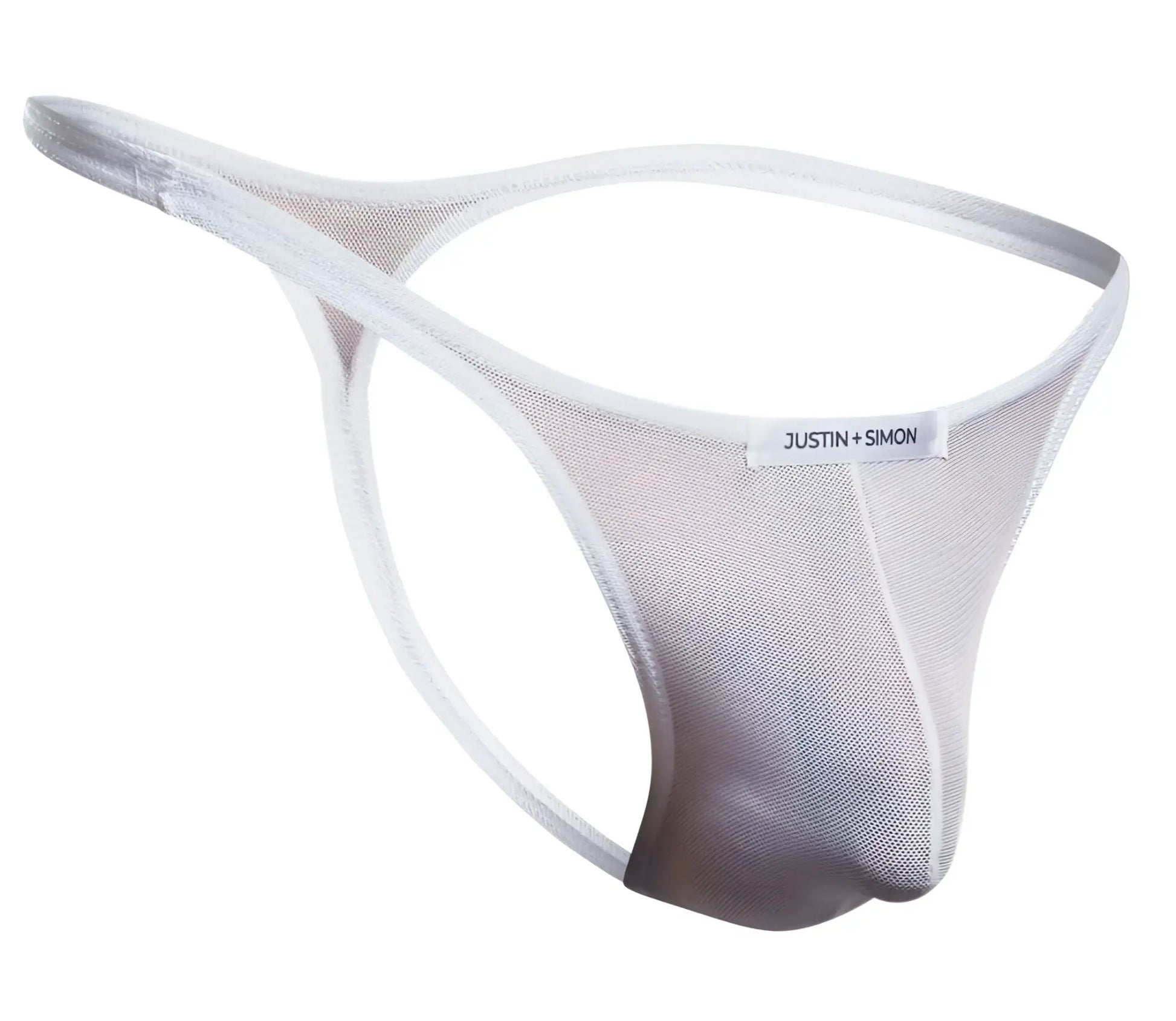 White mesh thong with subtle gradient and justin + simon brand label on waistband from the classic xsj03 line