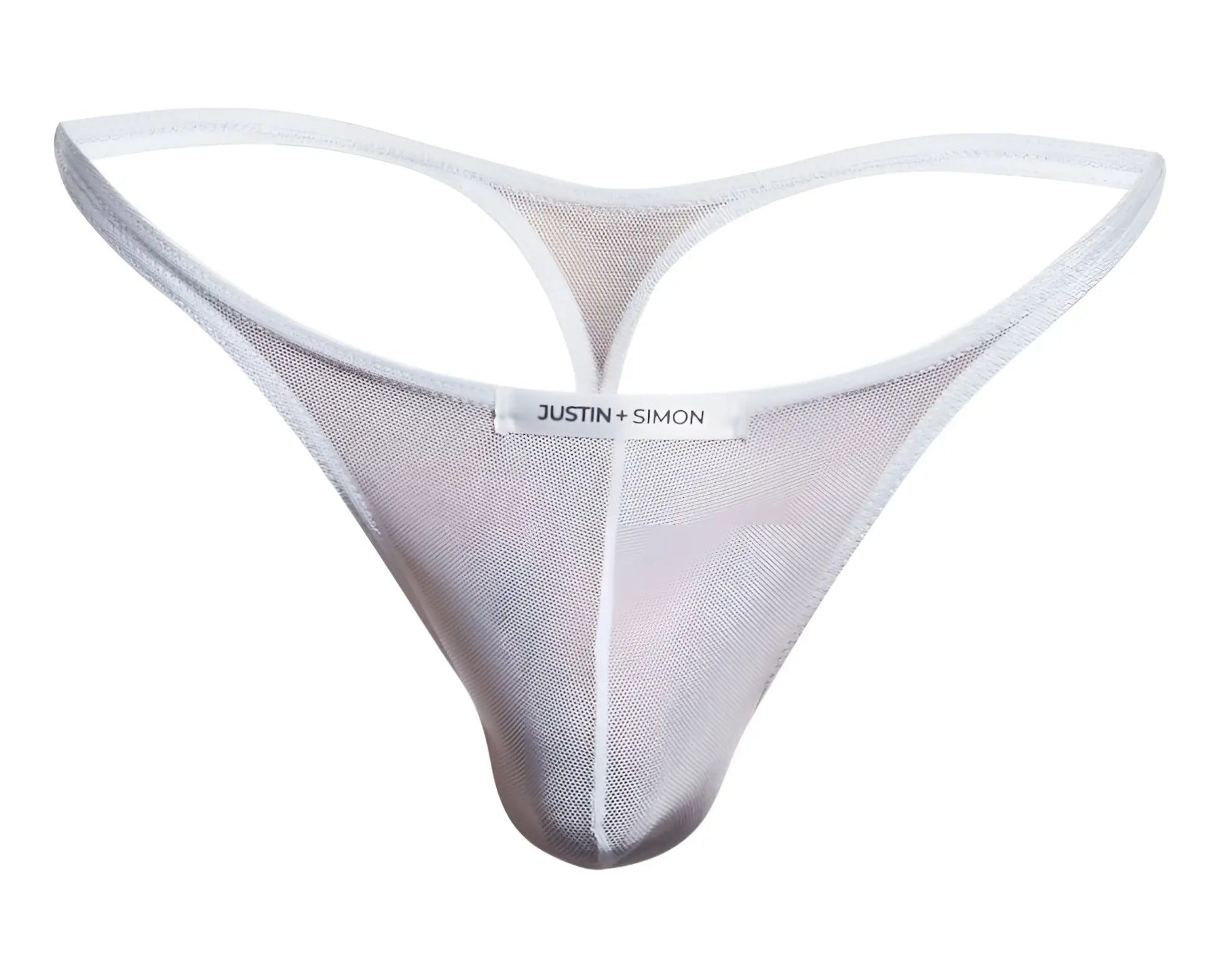 Transparent silver mesh thong with white trim and justin simon label from JUSTIN SIMON XSJ03 Classic Thongs white mesh