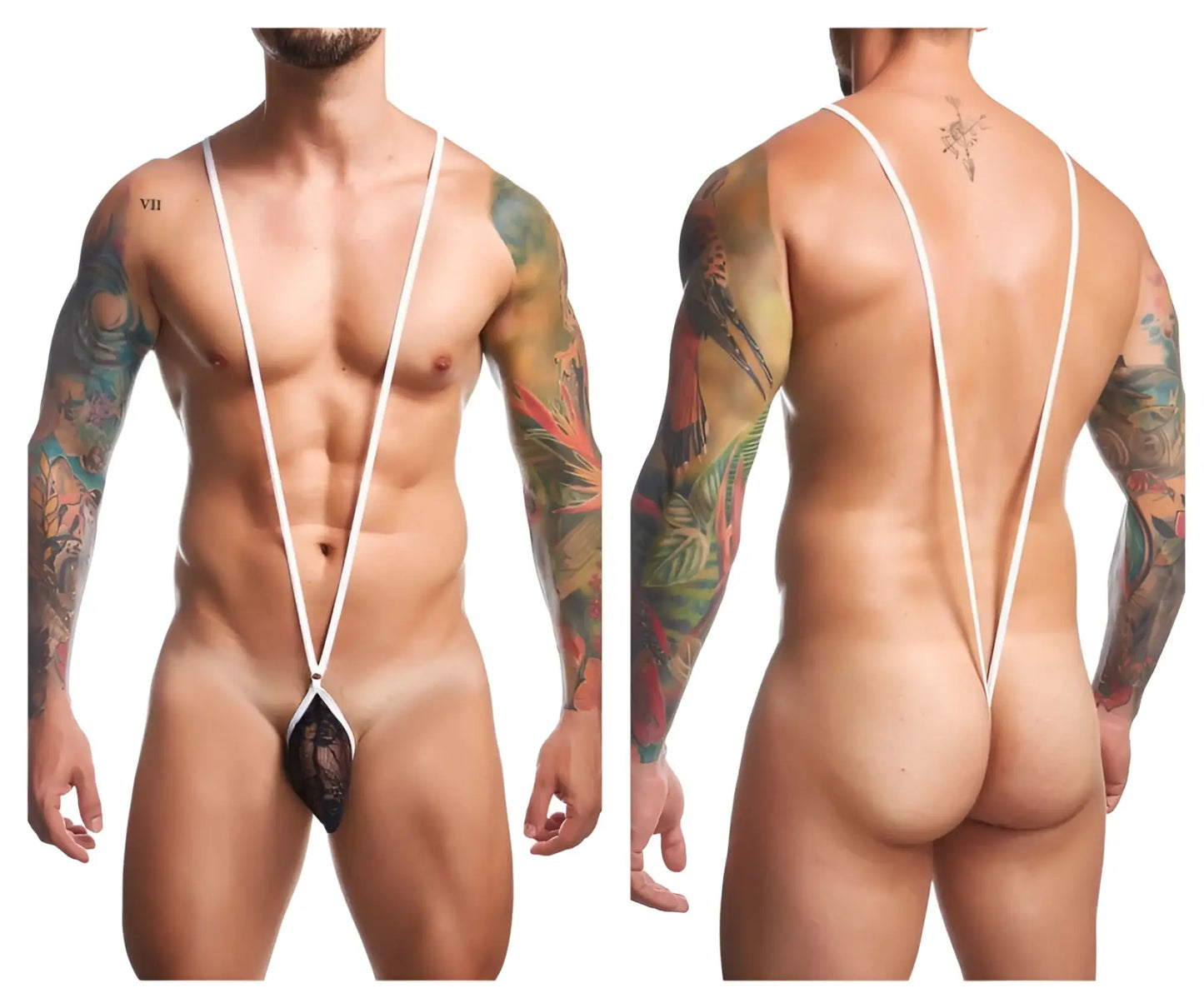 Black lace thong with white straps by JUSTIN SIMON model XSJ04 showing back side of the sling design