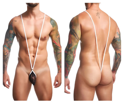 Black lace thong with white straps by JUSTIN SIMON model XSJ04 showing back side of the sling design