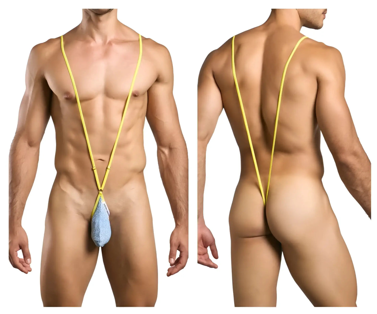 Yellow stringed men’s swimwear with blue textured lurex pouch front from justin simon xsj04 sling color lurex blue