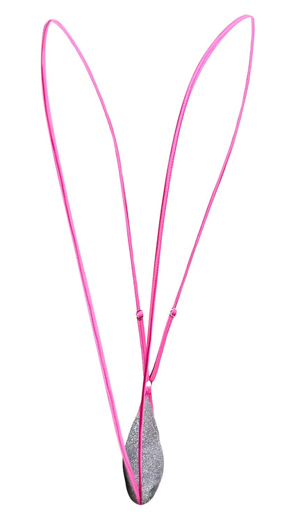 Justin Simon XSJ04 sling color lurex gray vibrant pink corded necklace with teardrop pendant and silver glitter finish