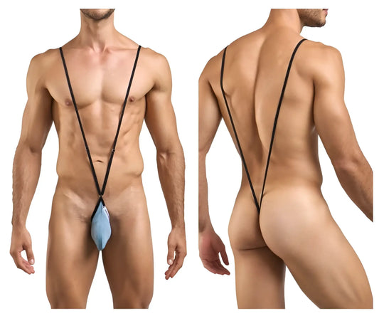 Light blue thin-strapped men’s thong with small front pouch from justin simon xsj04 sling color metal green collection