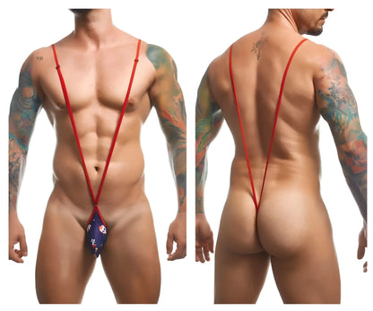 Red stringed men’s thong with navy blue floral front pattern from justin simon xsj04 sling color mexico collection