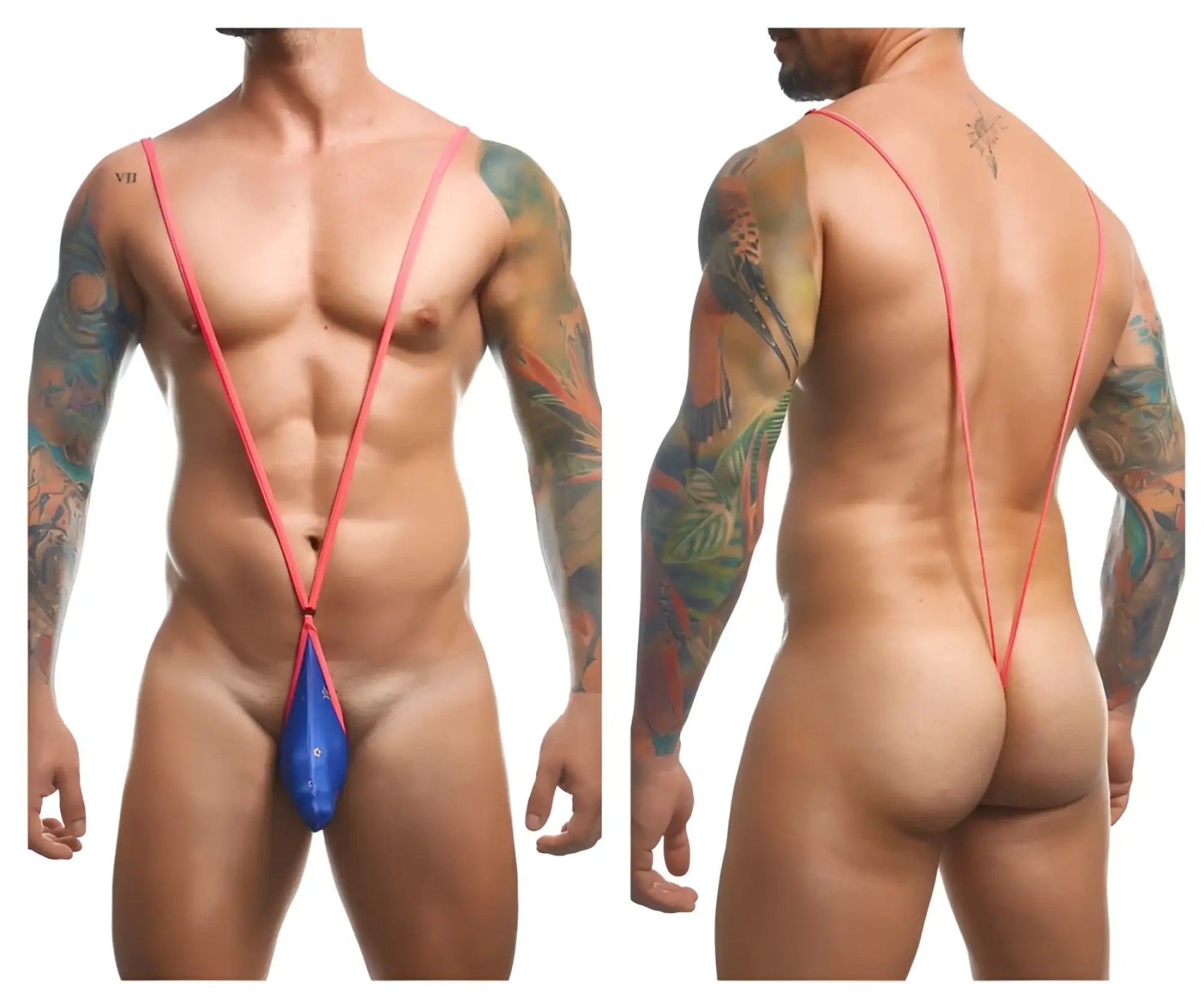 Blue nylon string bikini with pink straps from justin simon xsj04 sling color party collection