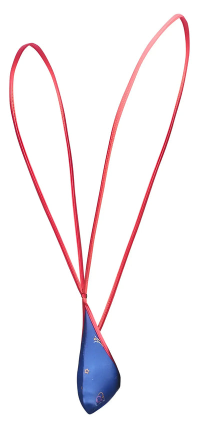 A vibrant blue teardrop-shaped pendant with gold heart and star embroidery on a red cord from justin simon xsj04 sling color party