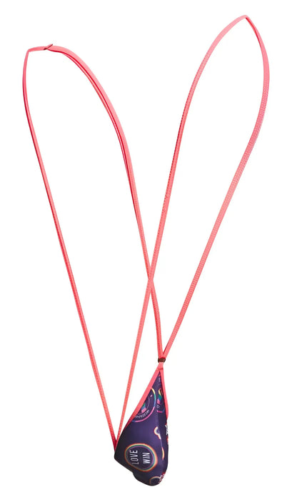 Pink elastic lanyard with purple fabric pouch featuring love win text and circular design for justin simon xsj04 sling color pride
