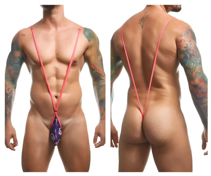 Pink stringed men’s thong with a purple and blue patterned pouch in the justin simon xsj04 sling color pride collection