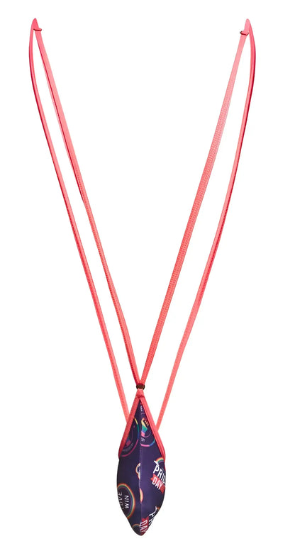 A vibrant pink corded sling necklace with a teardrop pendant featuring a purple and gold sports-themed print from justin simon