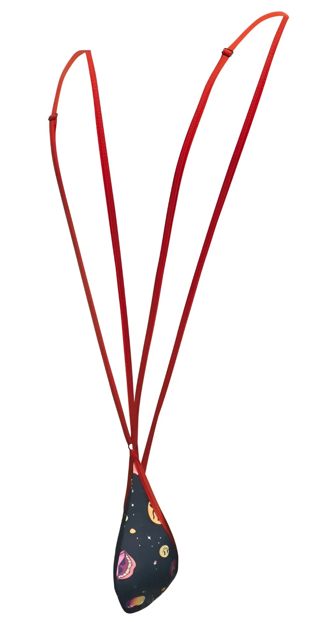 Red corded necklace with a dark teardrop pendant featuring colorful cosmic patterns from justin simon xsj04 sling psychedelic collection